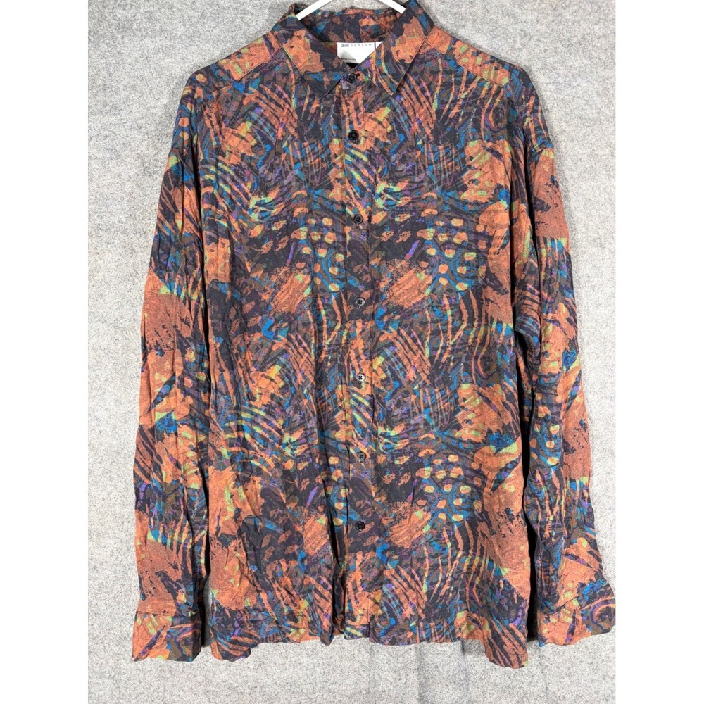 ASOS DESIGN Mens Large Abstract Print Viscose Button Down Long Sleeve Shirt